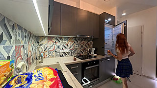 The Juggler Girl Is Here in a Long College Type Uniform Skirt to Flash Her Panties Under Her Miniskirt in the Kitchen