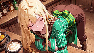 She sips beer while fixing her apron, revealing creamy cleavage.
