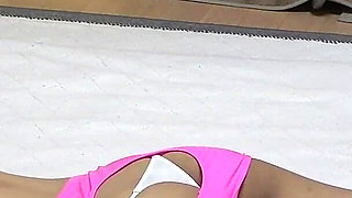 Girls-only Apartment in Japan Skinny Girl Exercising in T-shirt with Natural Tits Sticking Out and Miniskirt with Hole in Back