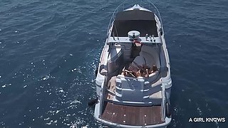 Sensual brunette shares lesbian threesome beach boat outdoor desire