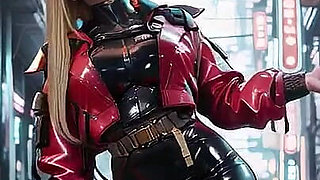 Red Leather Jacket Glistening Under Neon Rain, Kneeling Pose That Breaks the Armor