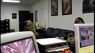 Naughty guy hired couple ebony models to record their lesbian game in his office