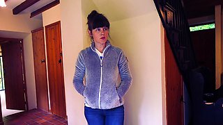 Amateur young brunette enjoys dildo on solo masturbation