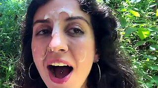 Walking with hot cum on my face on a public beach full of