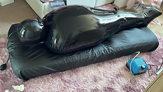 Wife drives her husband crazy with ESTIM in Inflatable Full Body Latex Bondage Bag - Exreme Edging. Restricted Breathing Gagged