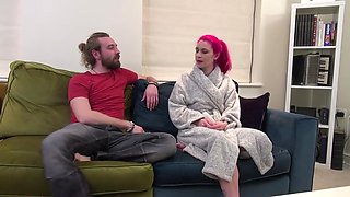 Redheaded Sophie sucks and rides in passion with dark-haired Jonny