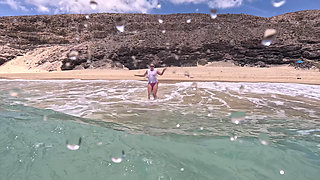 Girl Wetting Jeans in the Ocean and Swimming in Wet White T-shirt