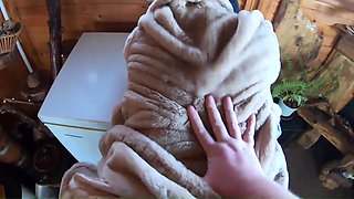 Golden Dress, Fur & Smoking Hairy Pussy, Deep Blowjob & Hard Doggy on a Freezer