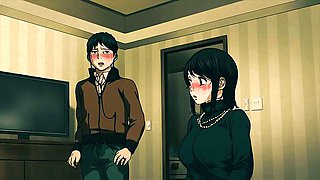 Black hair ponytail anime girl on green couch with lamp yellow blinds nervous guy