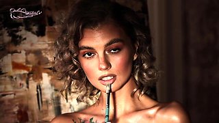 Close up with teen blonde sex doll rubbing her cunt