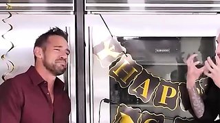 Busty teen gives him a deep suck off until they both reach