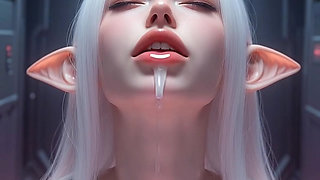 White haired elf in pink slime kisses and licks
