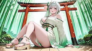 Silver-haired Geisha in the Bedroom! Lazy Legs Lifting Hem, the Green White Combo Is so Wet!