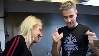 Wild French Babe Pleasing Two Cocks While Working in Kitchen