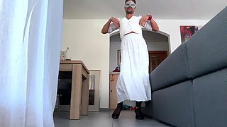 Exposed femboy Xunami in sexy high heels and black nylon