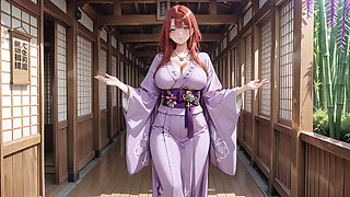 Red-haired Kimono Goddess! Kneeling Under the Sacred Torii Gate, She Adjusts Her Soaked Backless Outfit with a Shy Gaze.