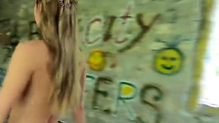 Exhibitionist Blonde Teen Walks Through Abandoned Buildings