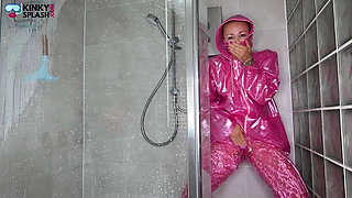 Slippery Pink Pvc Shower Tease: Soaked and Squeaky Fun