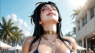 Busty Japanese MILF getting fucked hard by a big dick at a public pool event, AI-generated