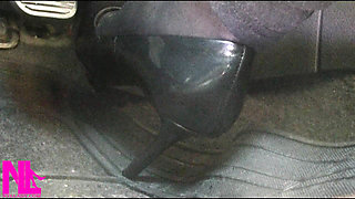Revving and Driving in Black Pantyhose and Grey High Heels