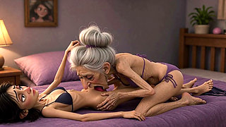 Extremely Skinny Old Woman Licks a Skinny Young Woman's Pussy